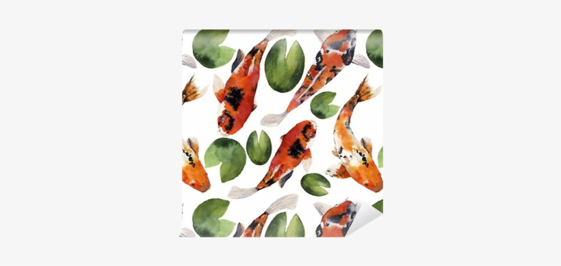 Watercolor Oriental Rainbow Carp With Water Lily Seamless - Watercolor Painting, transparent png download