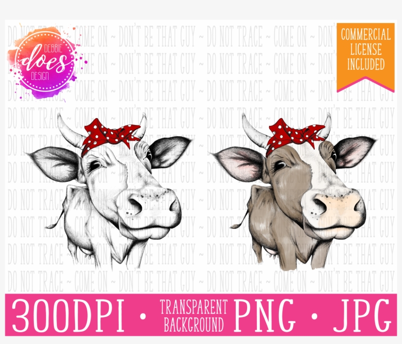 Female/heifer Hand Drawn Cow With Bandana And Horns, transparent png download