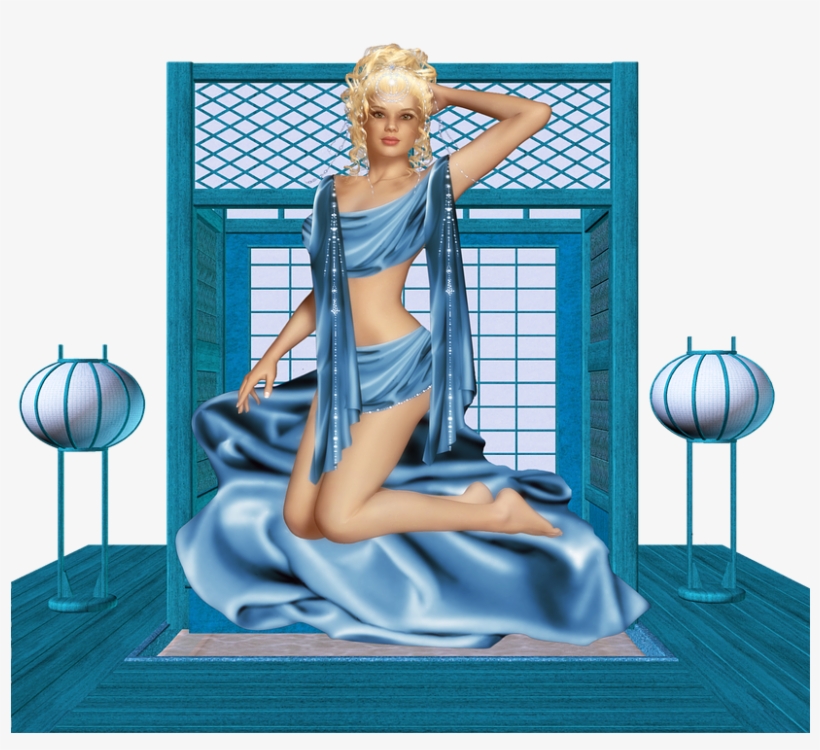 Girl, Beautiful, Sexy, Alluring, Blue Satin, Kneeling - Girl, transparent png download