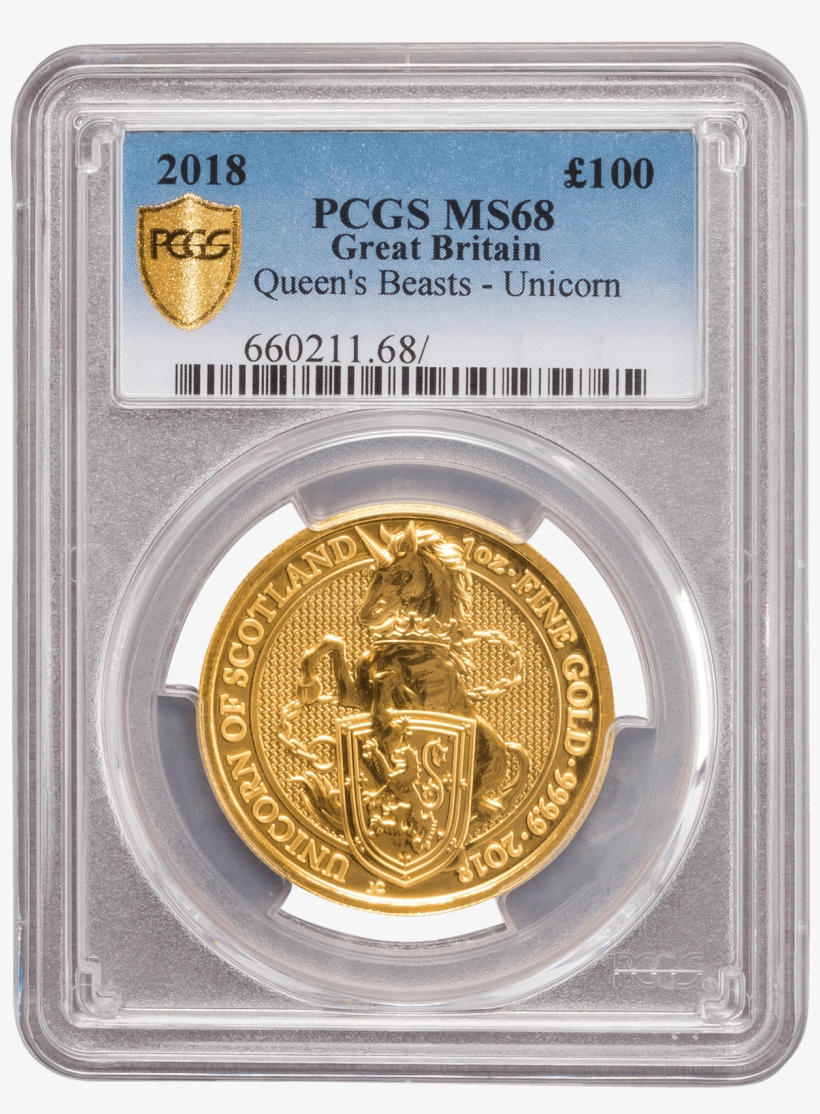 Pcgs 2018 1oz Gold Queen's Beast 'unicorn' Ms68 - Cash, transparent png download