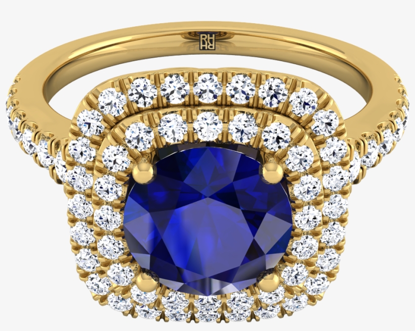 Sapphire Round Center With Diamond Double Halo Engagement - Engagement Ring, transparent png download