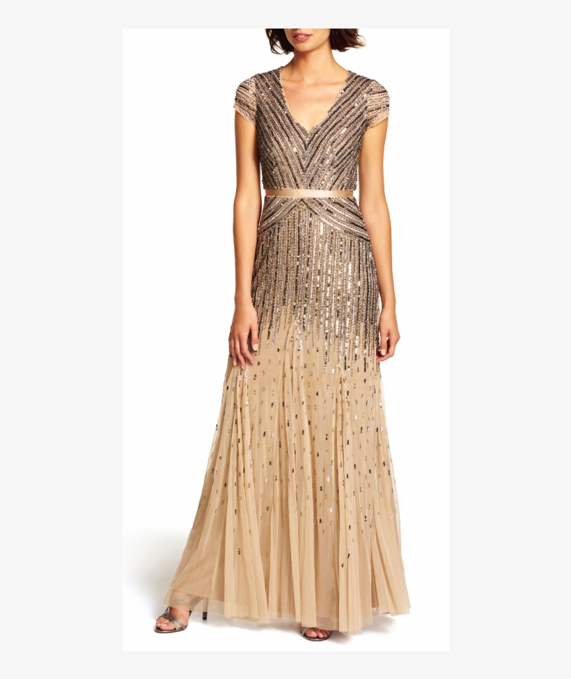 Adrianna Papell Mesh Cap Sleeve Beaded V-neck Gown - Adrianna Papell V Neck Dress, transparent png download