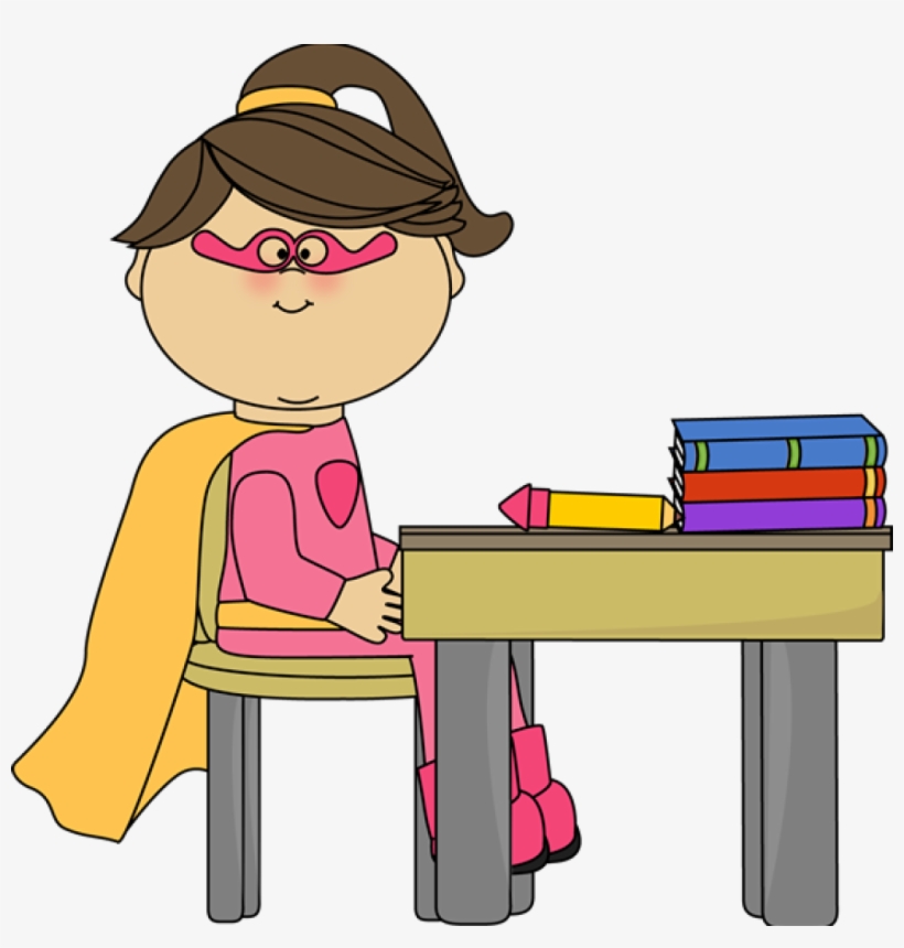 Girl Superhero At School Desk - Superhero School Clipart, transparent png download