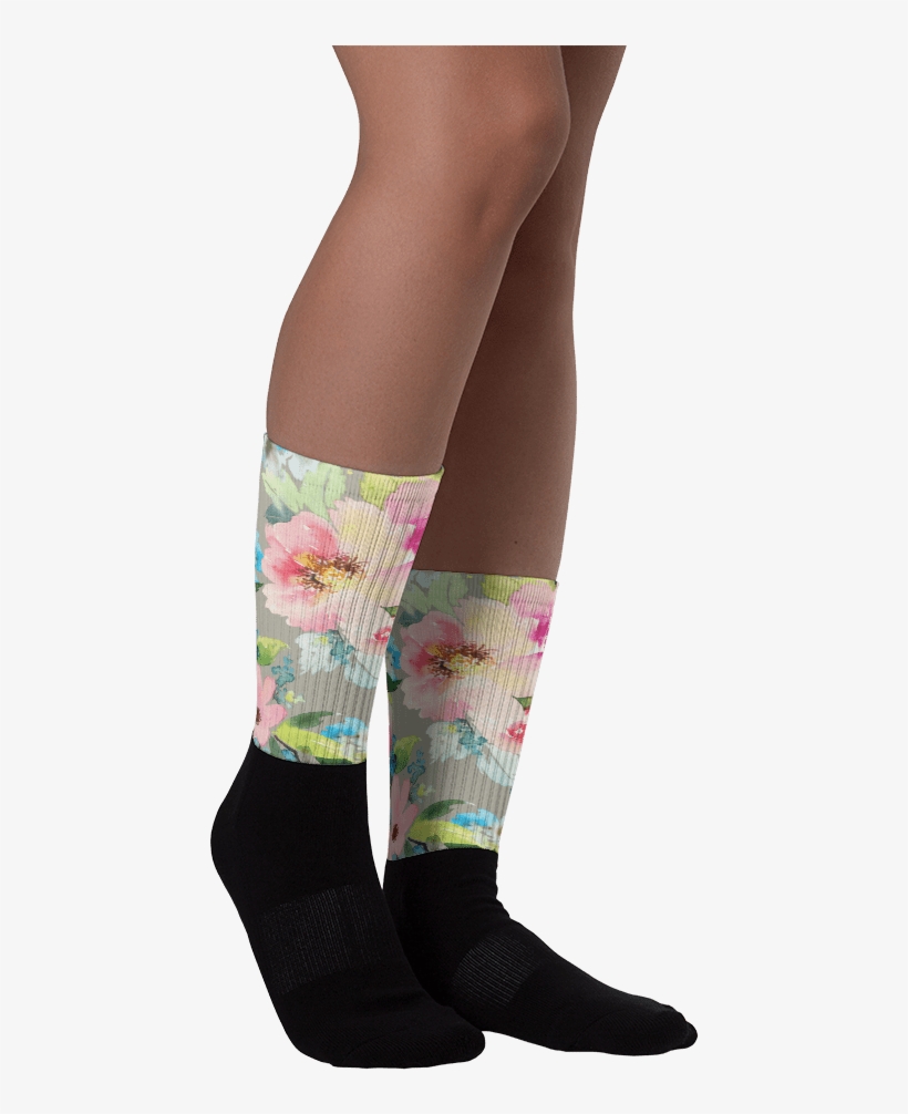 Watercolor Floral Black Foot Socks - Foot With Socks Png, transparent png download