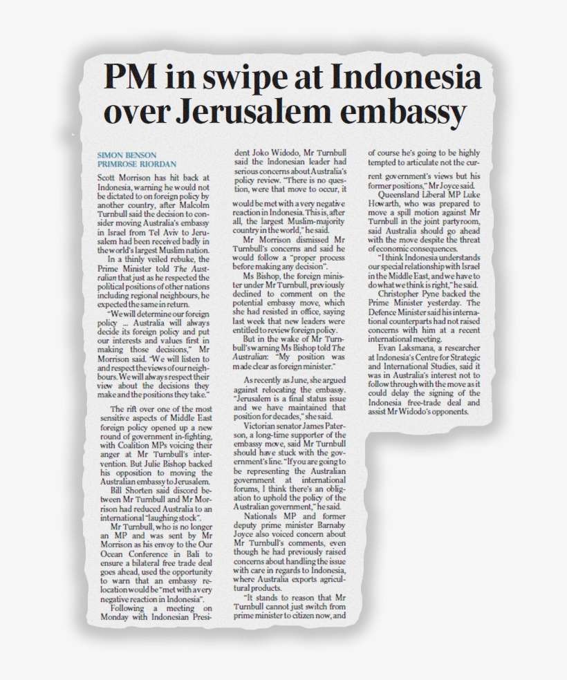 31 Oct Pm In Swipe At Indonesia Over Jerusalem Embassy - Paper, transparent png download