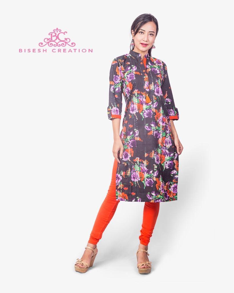Black Chikan Floral Printed Kurti With Pure Cotton - Silk, transparent png download