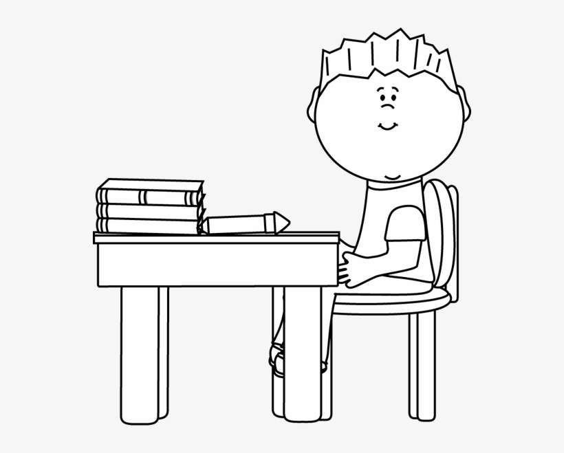 Black And White Little Boy At School Desk - School Clipart Black And Whiteç, transparent png download