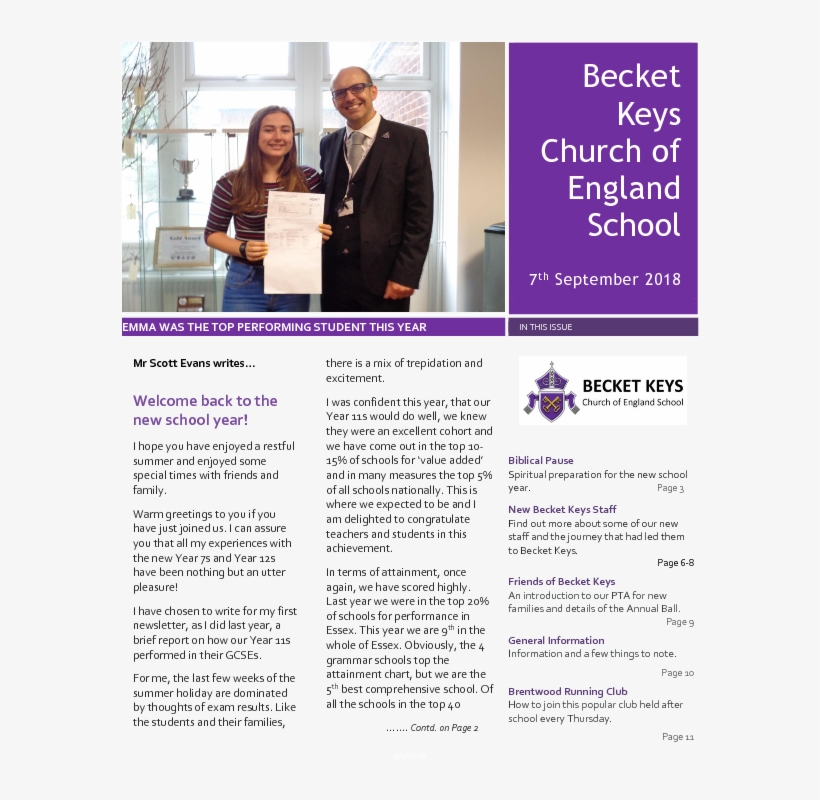 2018 09 07 - Becket Keys Church Of England School, transparent png download