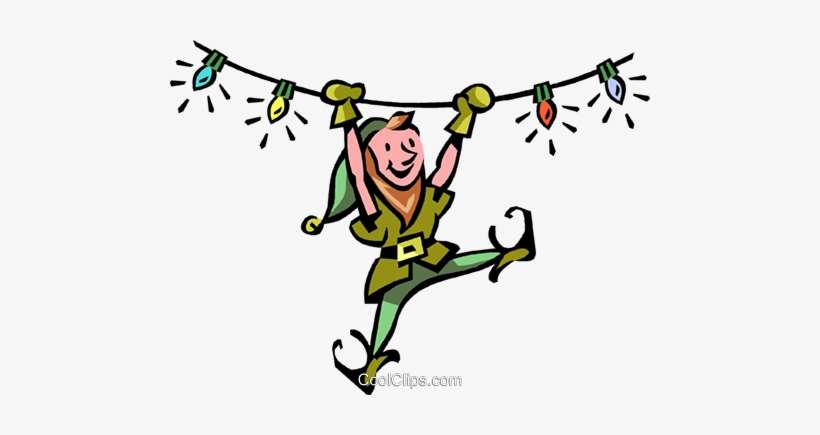 An Elf Swinging From Christmas Lights Royalty Free - Christmas Light And Elf Clipart, transparent png download