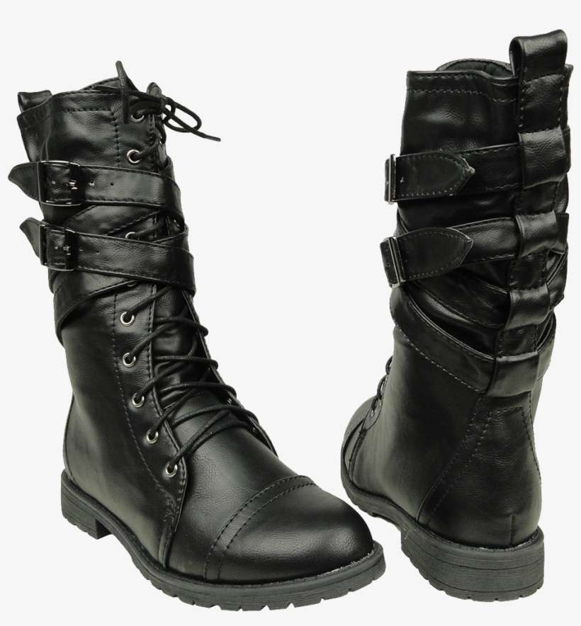 Women's Mid Calf Cross Strap Buckle Combat Boots Png - Womens Black Buckle Combat Boot, transparent png download