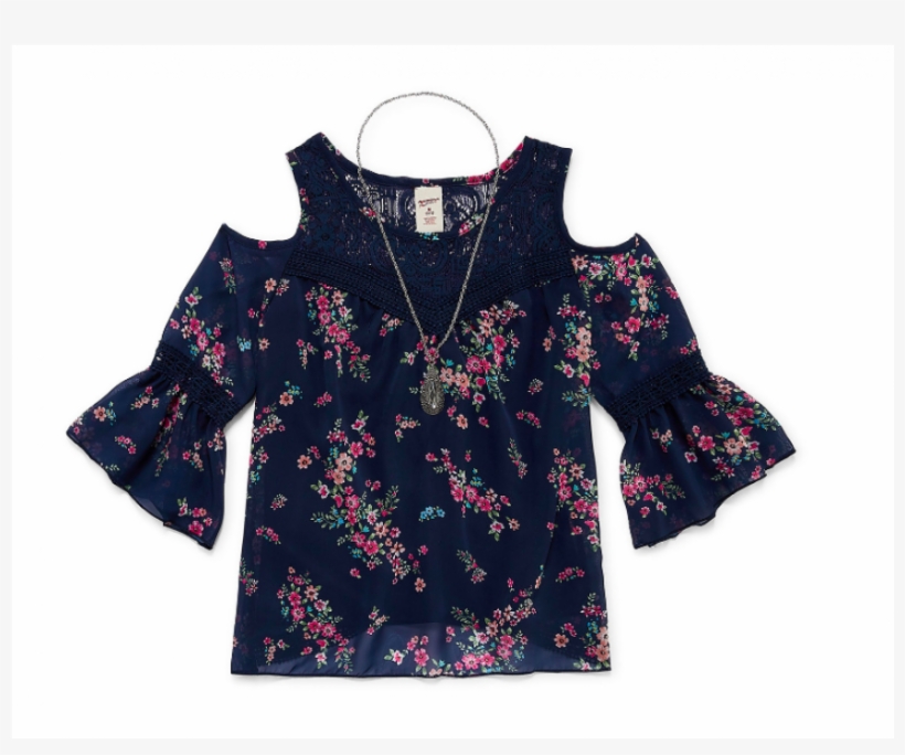 Arizona Blue Wt Pink Petals 3/4 Lace Trim Cold Shoulder - Blouse, transparent png download