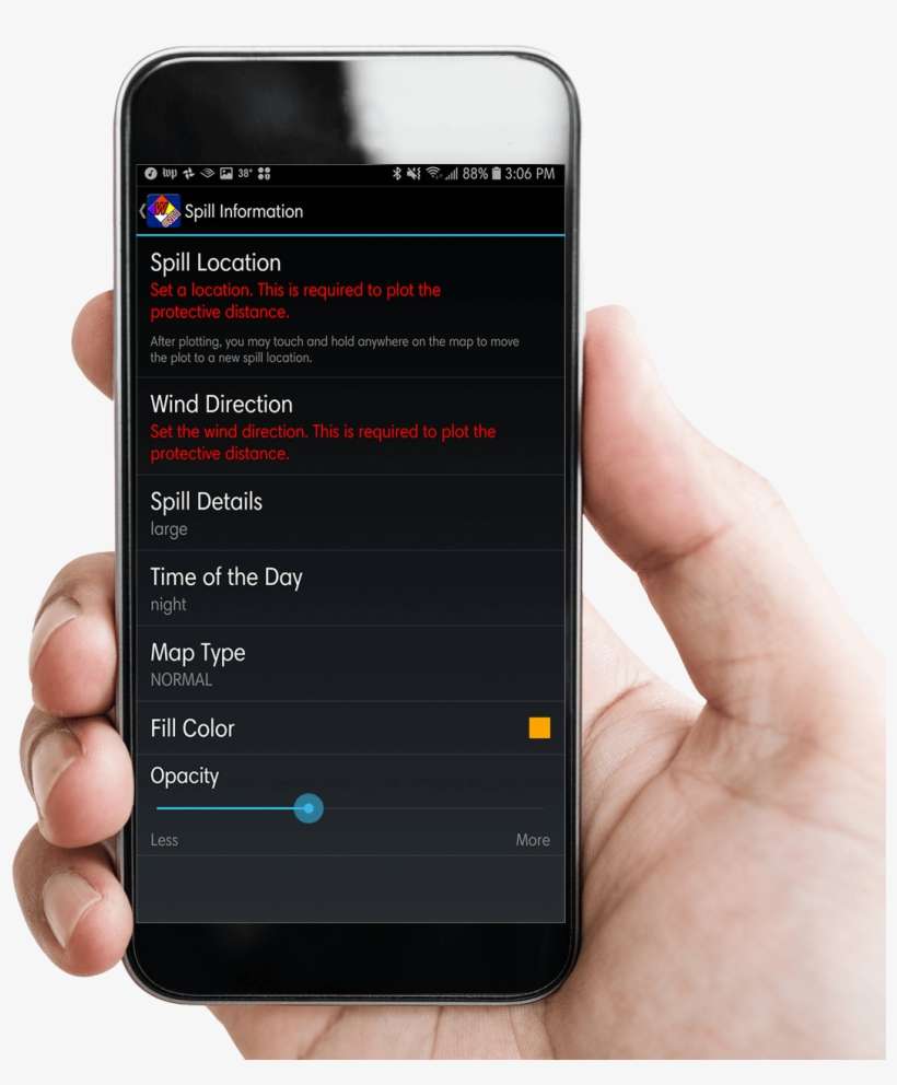 Hand Holding A Mobile Phone With Wiser App 'spill Information' - Emergency Response Guidebook, transparent png download
