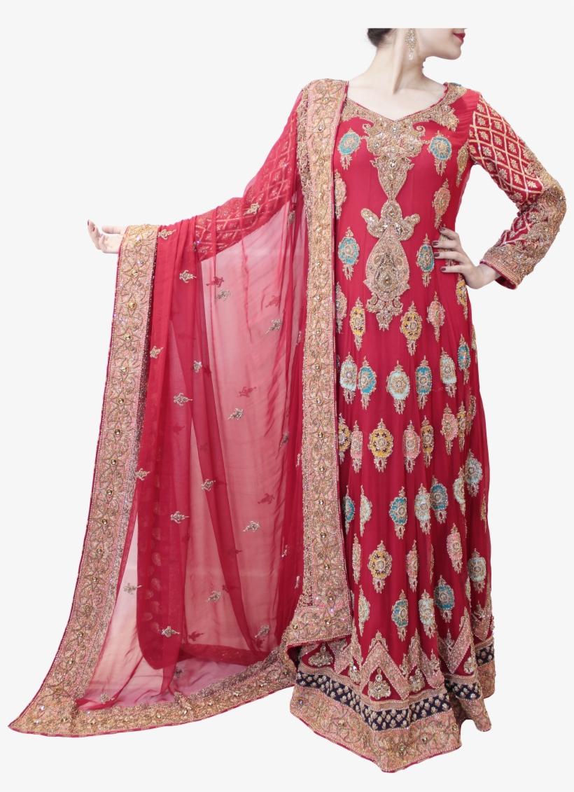 Red Pakistani Bridal Gown With Multicolored Trail, transparent png download