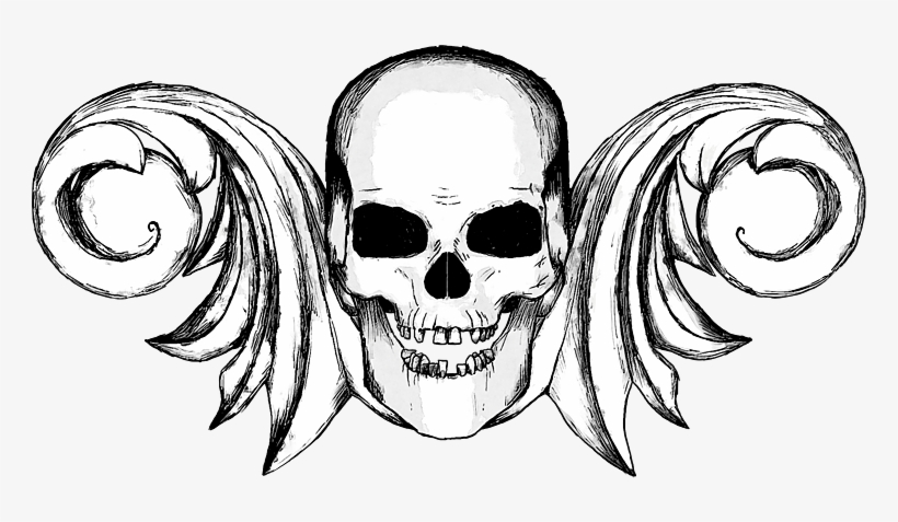 A Black And White Illustration Of A Human Skull Ornament - Illustration, transparent png download
