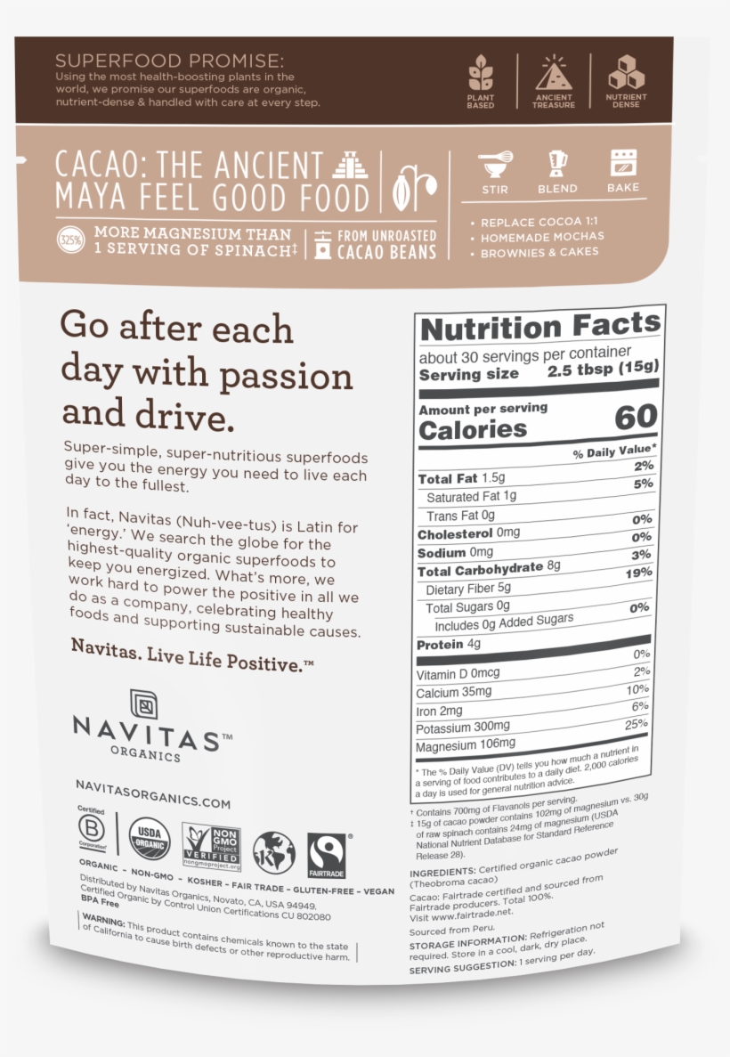 Cacao Powder - Navitas Cacao Powder, transparent png download