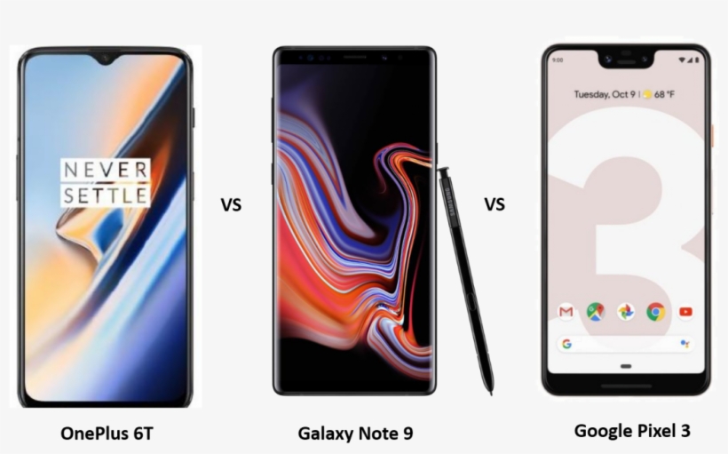 Oneplus 6t Vs Galaxy Note 9 Vs Google Pixel - One Plus 6t Vs Note 9, transparent png download