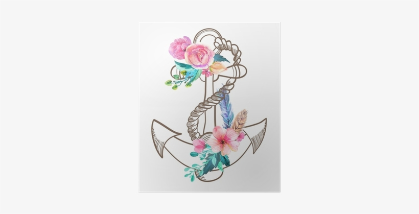 Doodle Anchor With Watercolor Flowers And Feather Poster - Anchor Watercolor, transparent png download