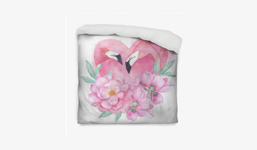 Watercolor Pink Flamingo Couple With Bouquet Peony - Painting, transparent png download