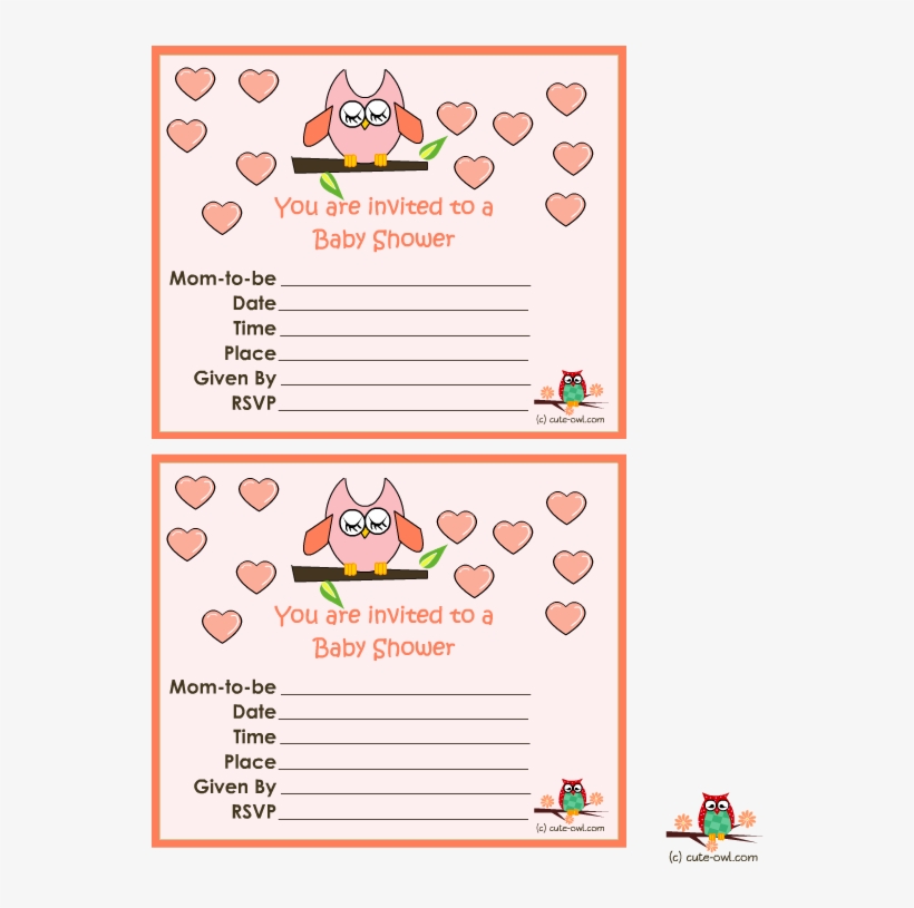 Pink Owl And Hearts Girl Baby Shower Invitations - Greeting Card, transparent png download
