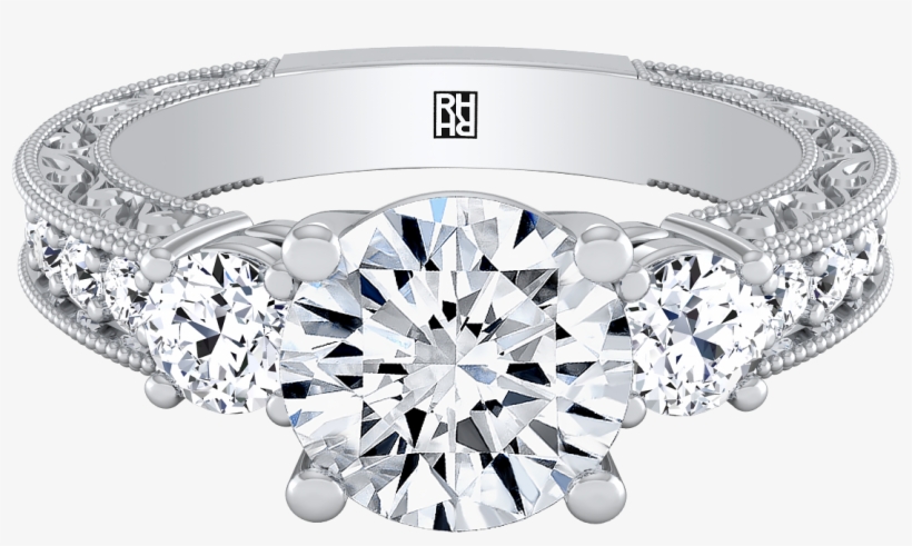 Diamond 3-stone Engagement Ring With Scroll Work Gallery - Engagement Ring, transparent png download