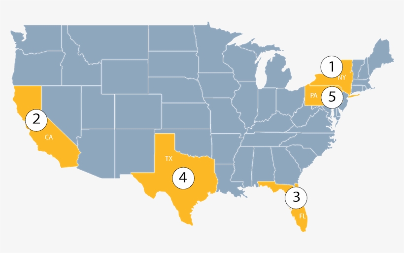 Top 5 States For Web Related Ada Federal Lawsuits - Colored Blank Us Map, transparent png download