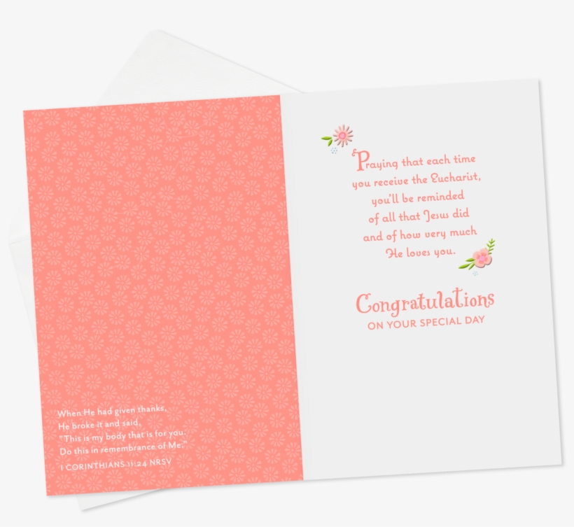 Gold Cross And Pink Flower Wreath First Communion Card - Greeting Card, transparent png download