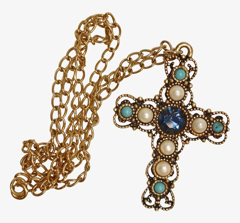 Vintage Emmons Jeweled Cross Pendant And Chain Necklace - Chain, transparent png download