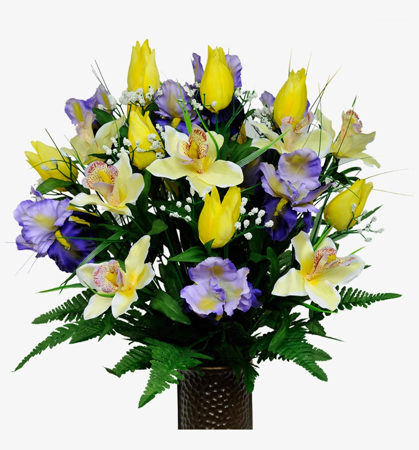 Yellow Tulip & Orchids With Purple Iris Mix - Blue Flower Arrangements For Cemeteries, transparent png download