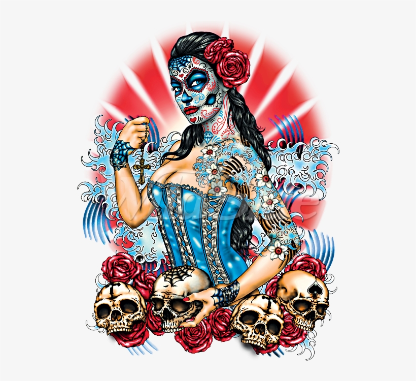 Day Of The Dead Pinup With Skulls And Roses - Dia De Los Muertos Skull Girl, transparent png download