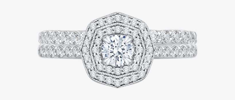 14k White Gold Round Cut Diamond Octagon Shape Double - Engagement Ring, transparent png download
