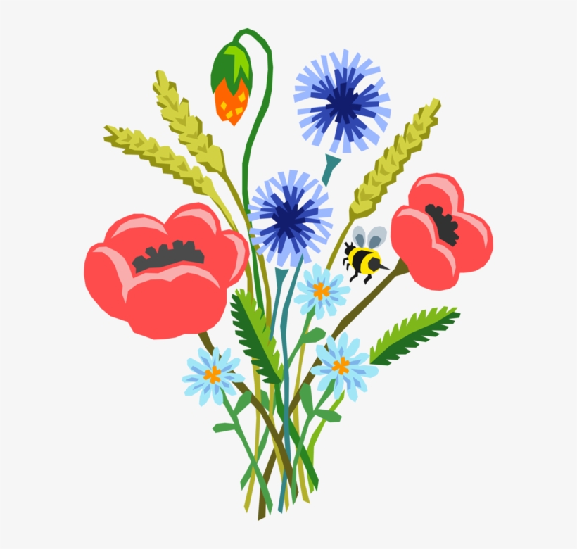 Vector Illustration Of Poppy Flower Bouquet With Bumblebee, transparent png download