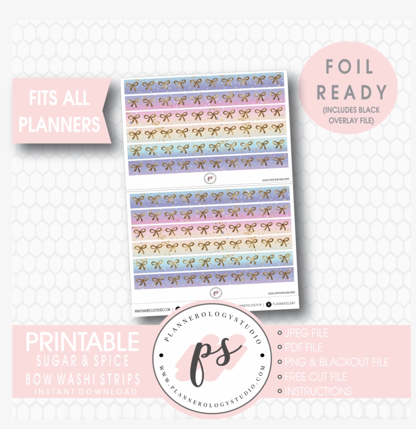 Sugar & Spice Watercolour Pattern Bow Icon Washi Strip - Jan 2019 Printable Erin Condren, transparent png download