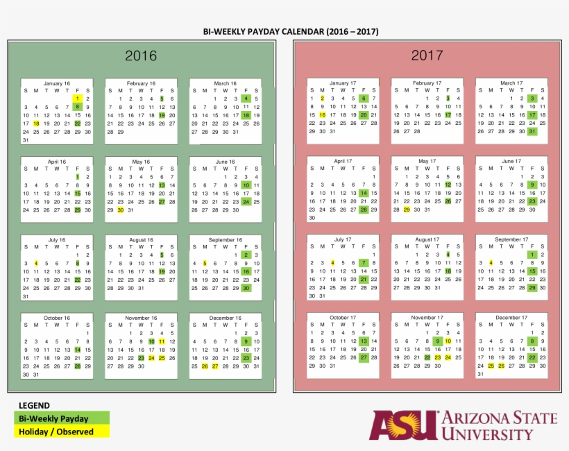 Printable Bi-weekly Payday Calendar - Arizona State University, transparent png download