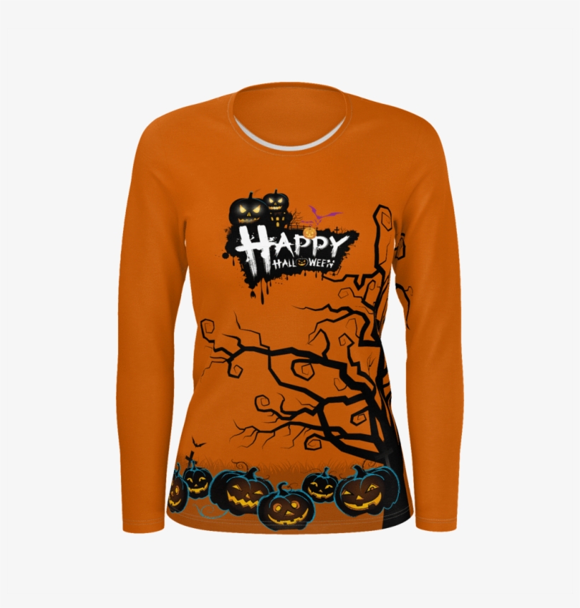 Orange Creepy Tree Ladies Halloween Long Sleeve Tshirt - Long-sleeved T-shirt, transparent png download