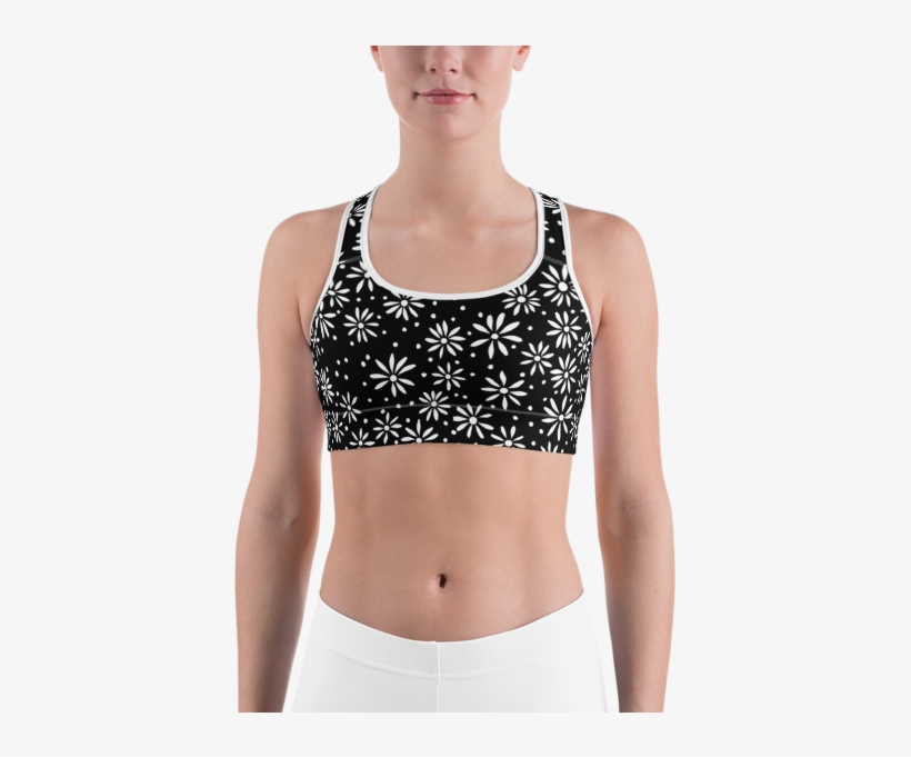 Black & White Daisy Pattern Sports Bra - Bra, transparent png download