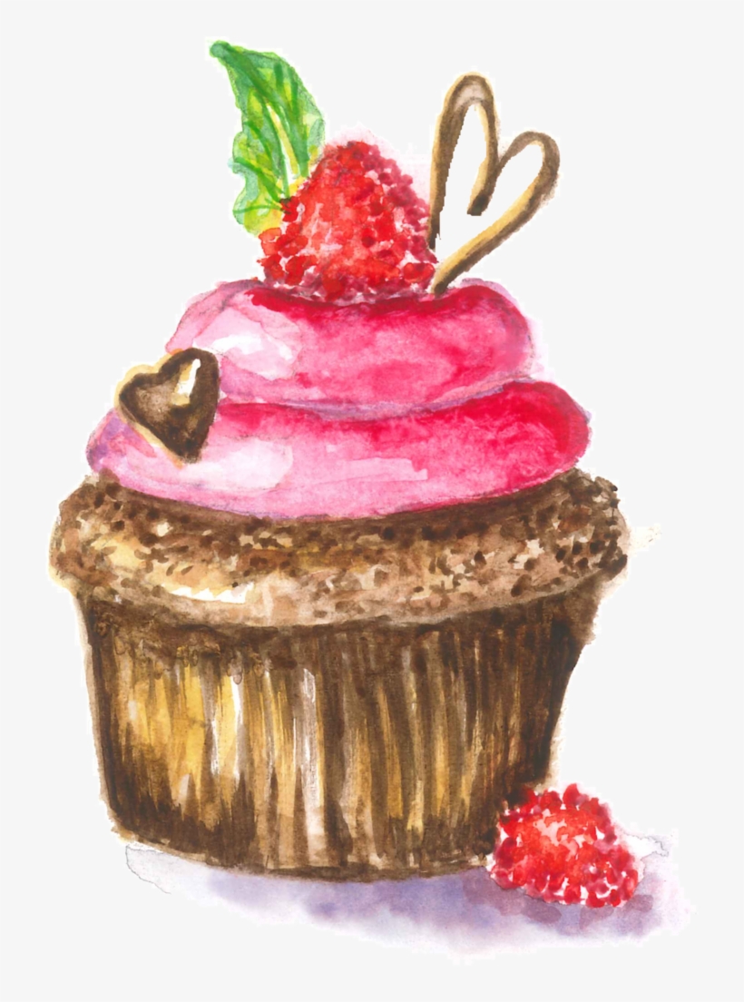 Cute Chocolate And Strawberry Cupcake Painting In Watercolour - Cupcake, transparent png download