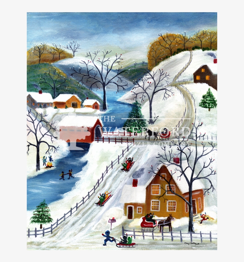 Folk Art Village Winter Painting, transparent png download