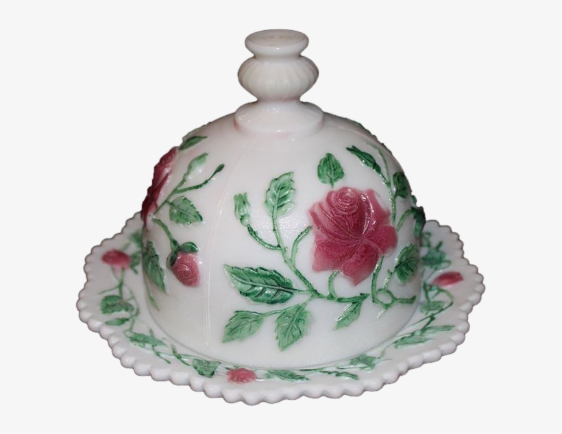 Imperial Open Rose Painted Milk Glass Butter Dish 1950s - Ceramic, transparent png download