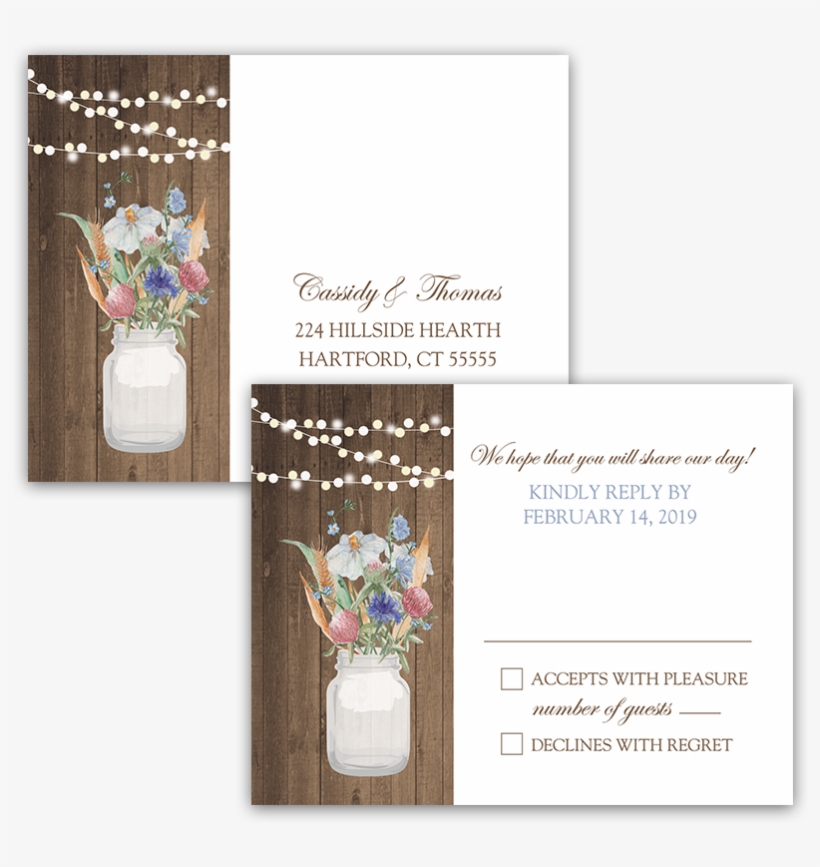 Rustic Mason Jar Wildflowers Wedding Rsvp Postcard - Illustration, transparent png download