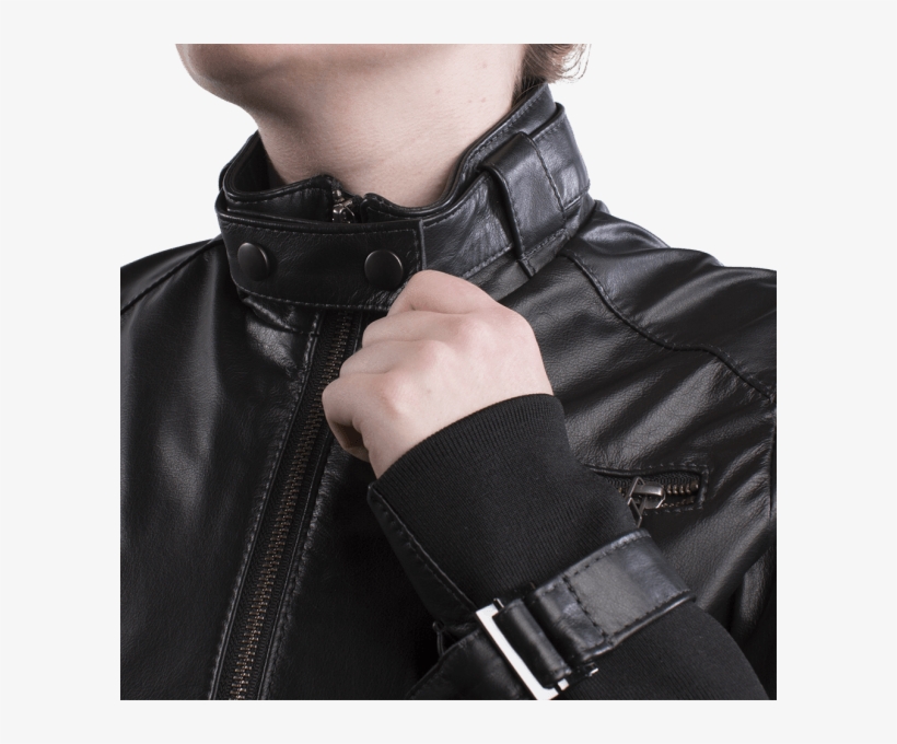Img Leather Jacket Women Noir Fond Blanc Closeup Col - Leather Jacket, transparent png download