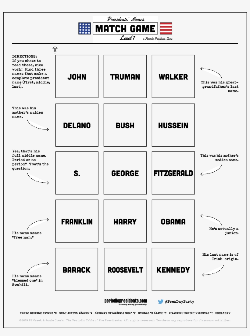 Presidents' Names Match Game - Number, transparent png download