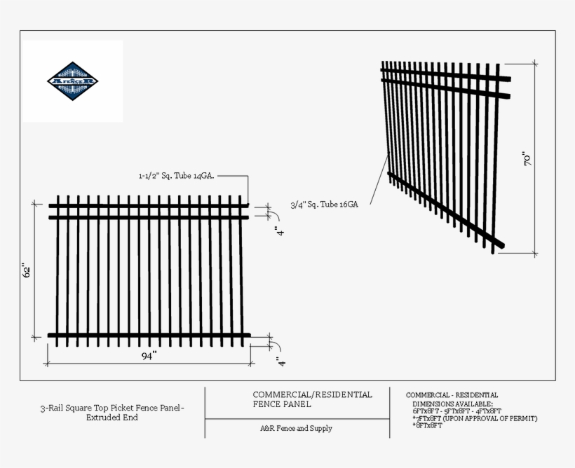 Commercial 3 Rail Square Top Fence Panel Extruded End - Diagram, transparent png download