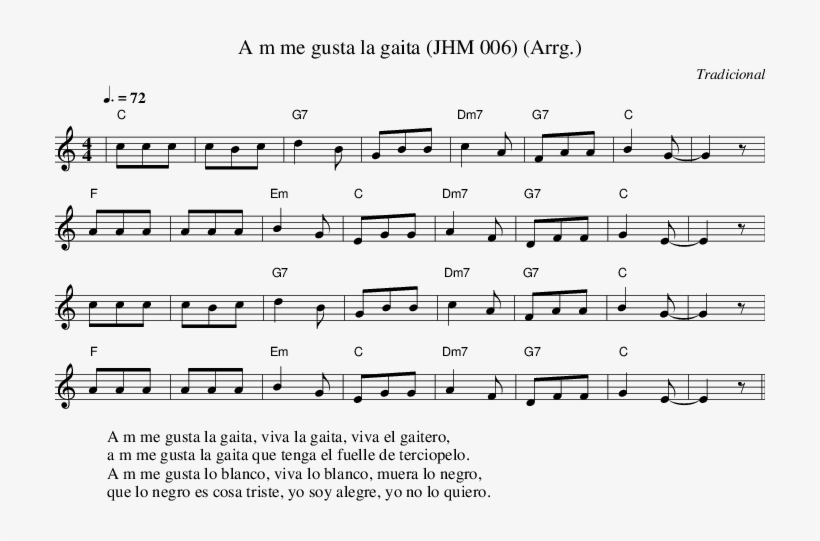 Listen To A M Me Gusta La Gaita (arrg - Stir Fry Piano Sheet Music, transparent png download