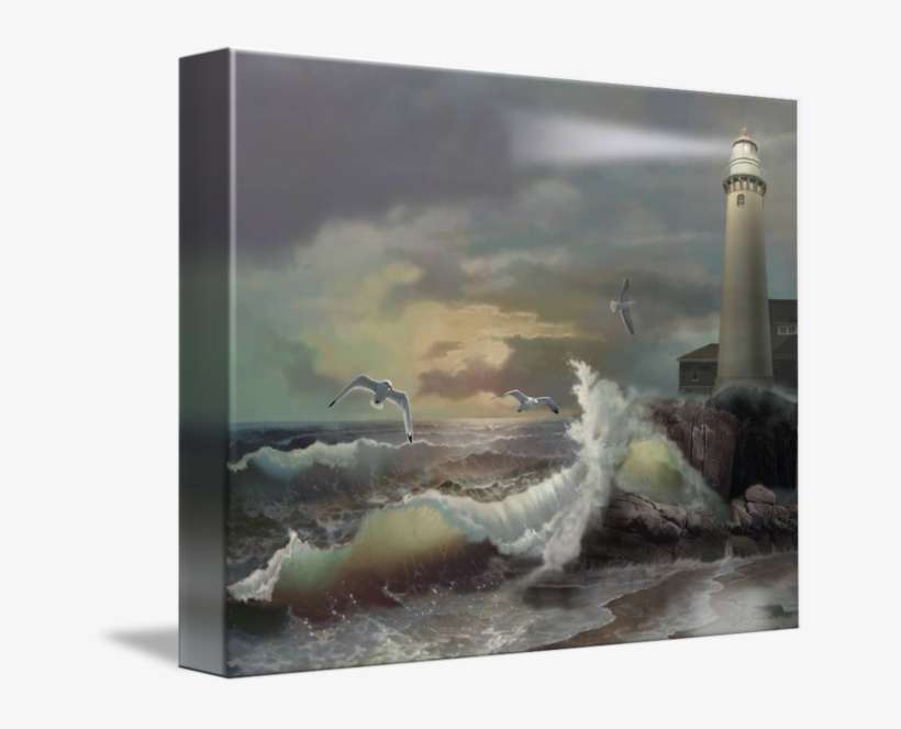 And Sea By Gina Femrite Framed - Light House Storm Painting, transparent png download