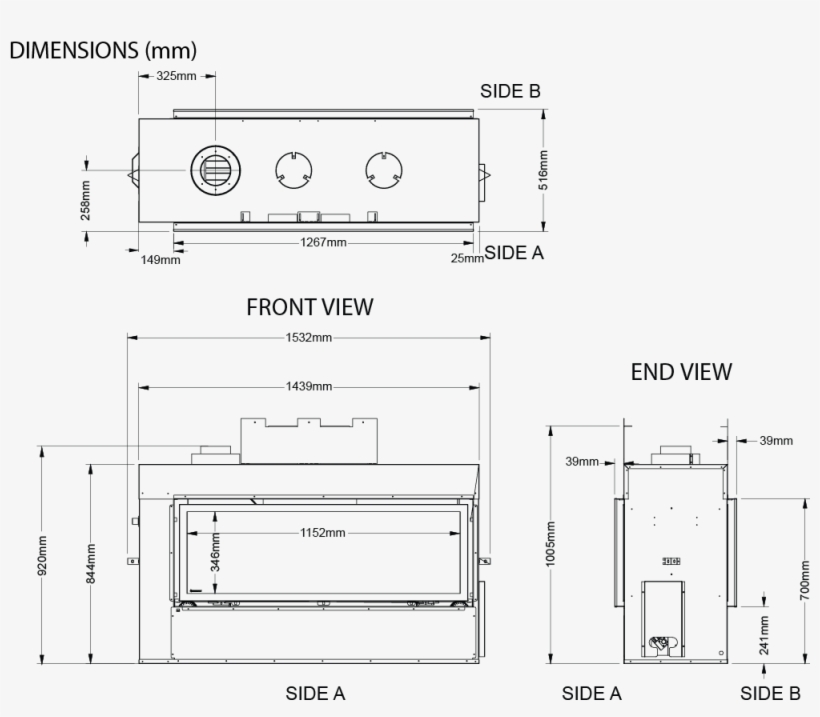 Regency Greenfire Gf1500lst See-through Gas Fireplace - Technical Drawing, transparent png download