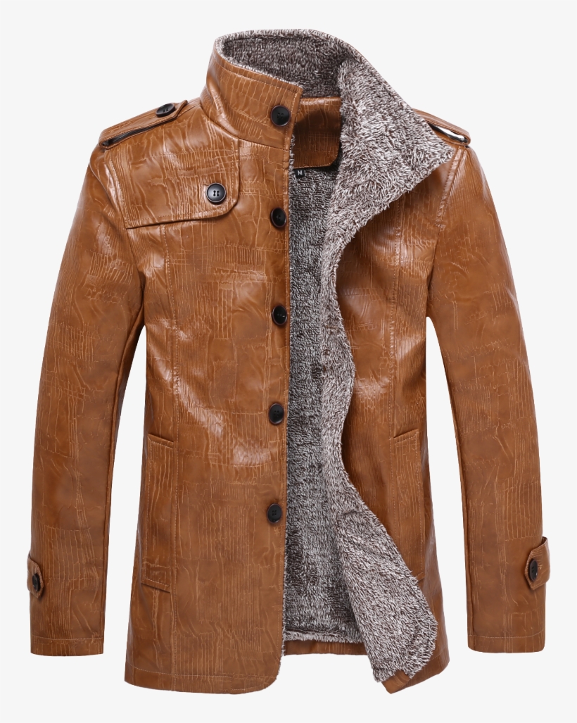 Fur Lined Leather Jacket Png Clipart - Stand Collar Single Breasted Epaulet Design Coat, transparent png download