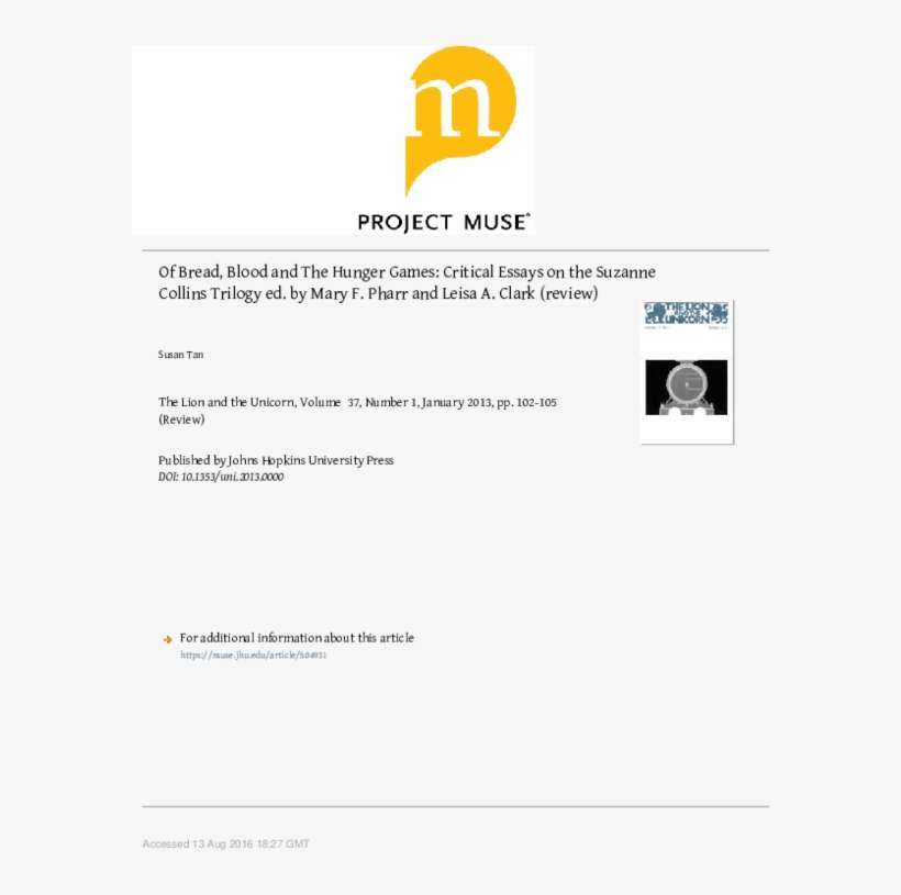 <i>of Bread, Blood And</i> The Hunger Games - Project Muse, transparent png download