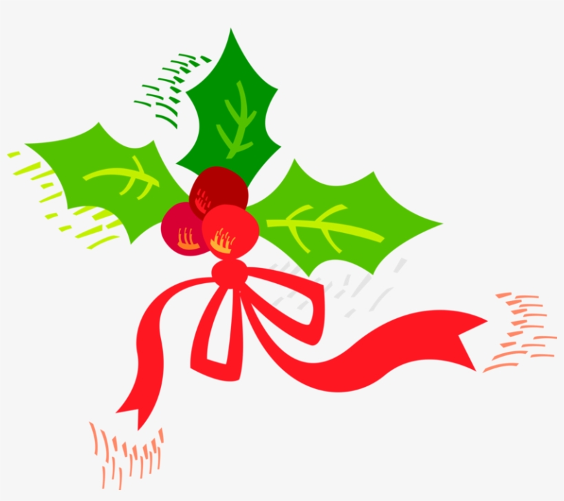 Vector Illustration Of Red Christmas Ribbon With Holly - Christmas Door Decorating Contest Criteria, transparent png download