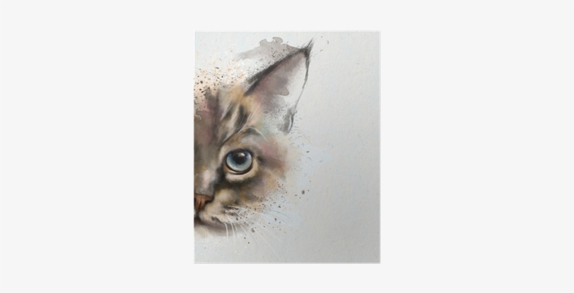 Watercolor Portrait Of A Cat, Half Quizzically At The - Half Cat Face Painting, transparent png download