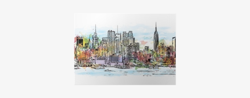 Watercolor Splash With Hand Drawn Sketch Of New York - Skyline, transparent png download